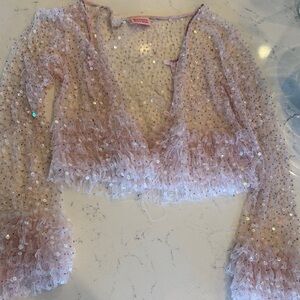 NWOT Dyspnea AUS pink hand beaded ruffle tulle cardigan